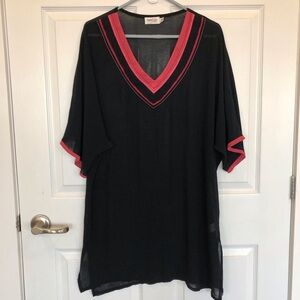Beach Coverup sheer black with pink trim V neck. Side slits. Loose fit. Size M
